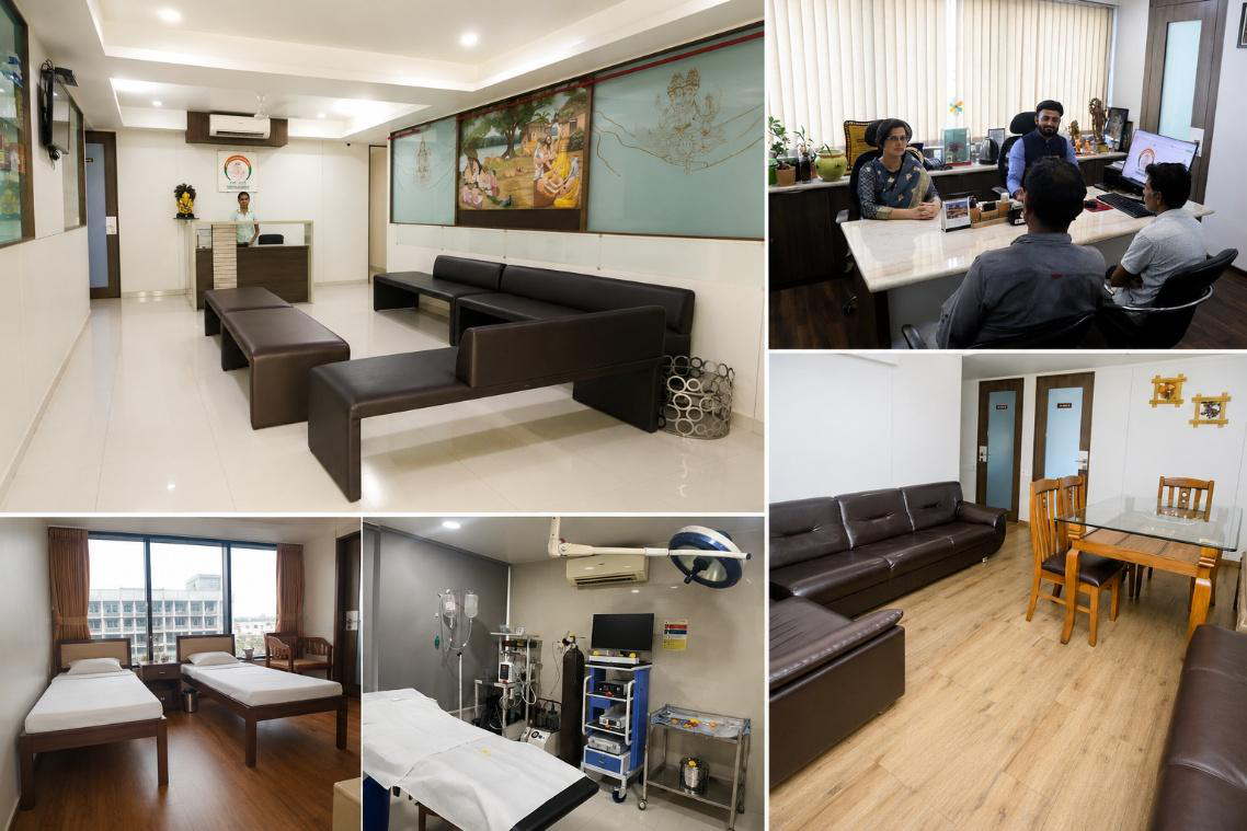 Brahma Ayurveda facilities: reception, waiting area, consultation room, patient rooms, and treatment room